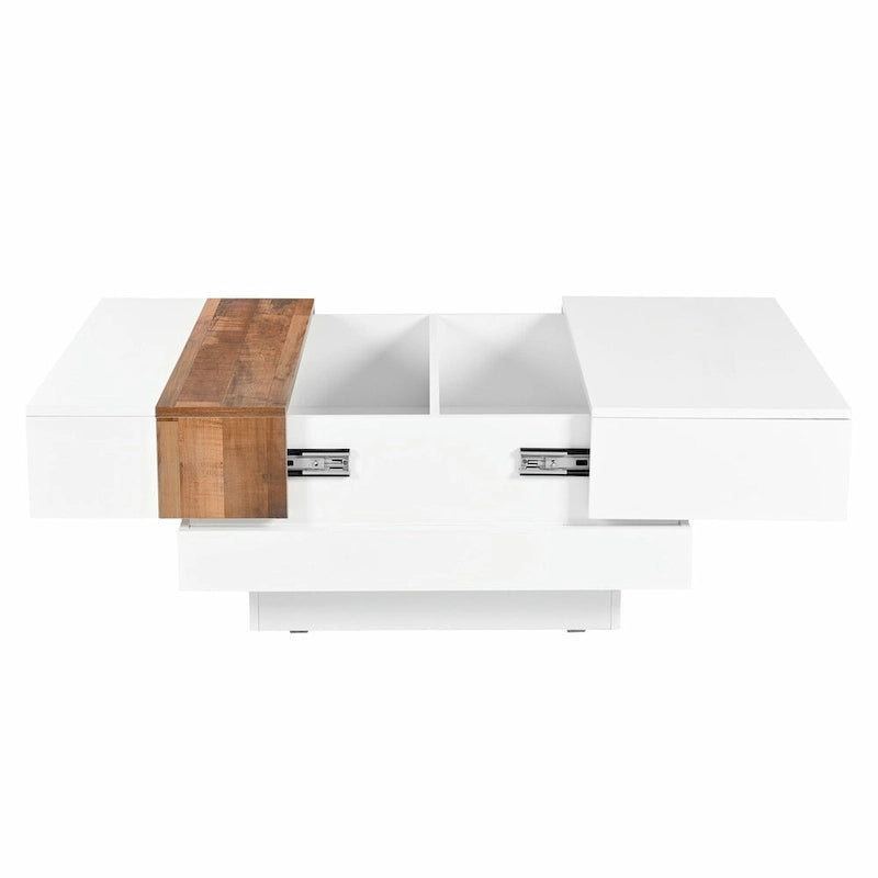 Table basse carrée laquée blanc/noir avec plateau coulissant et rangement dissimulé – 80 cm