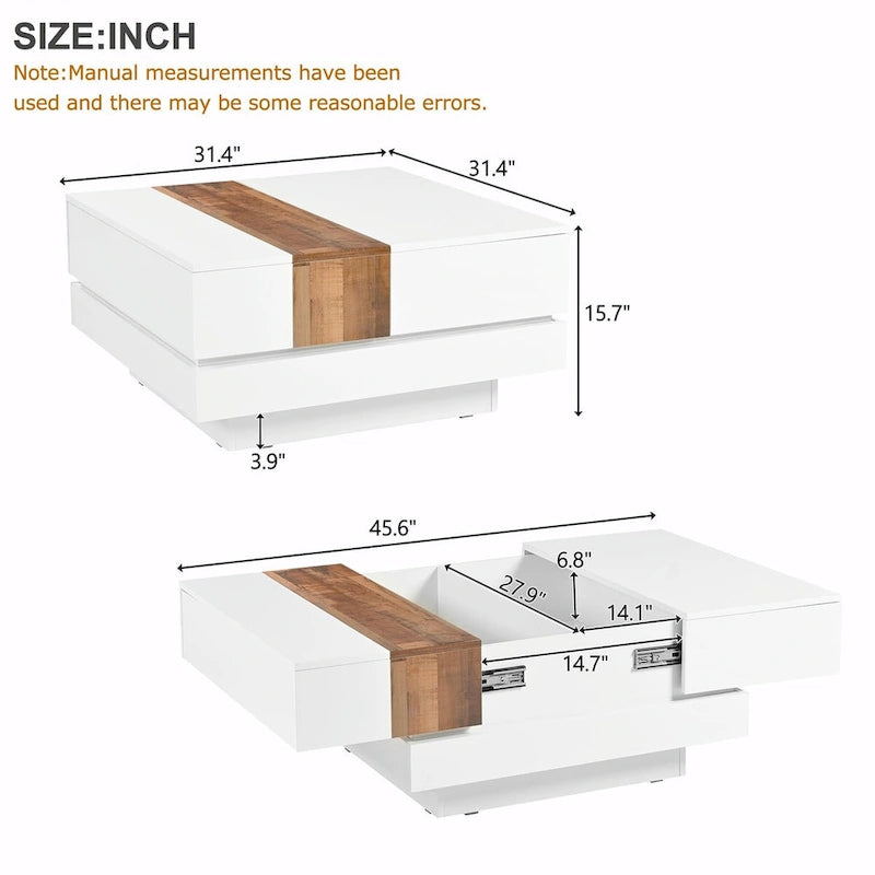 Table basse carrée laquée blanc/noir avec plateau coulissant et rangement dissimulé – 80 cm