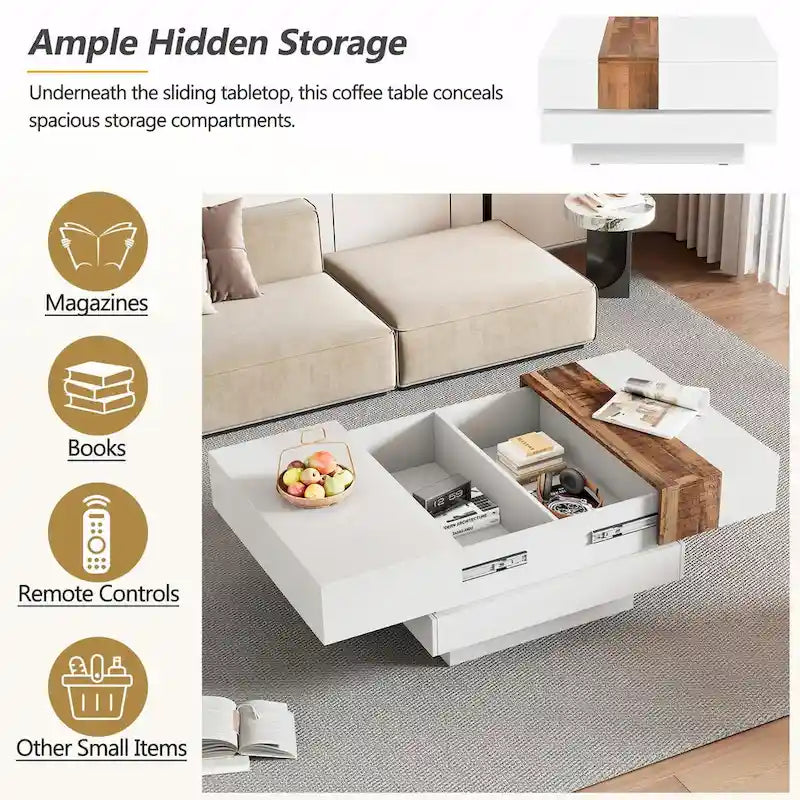 Table basse carrée laquée blanc/noir avec plateau coulissant et rangement dissimulé – 80 cm