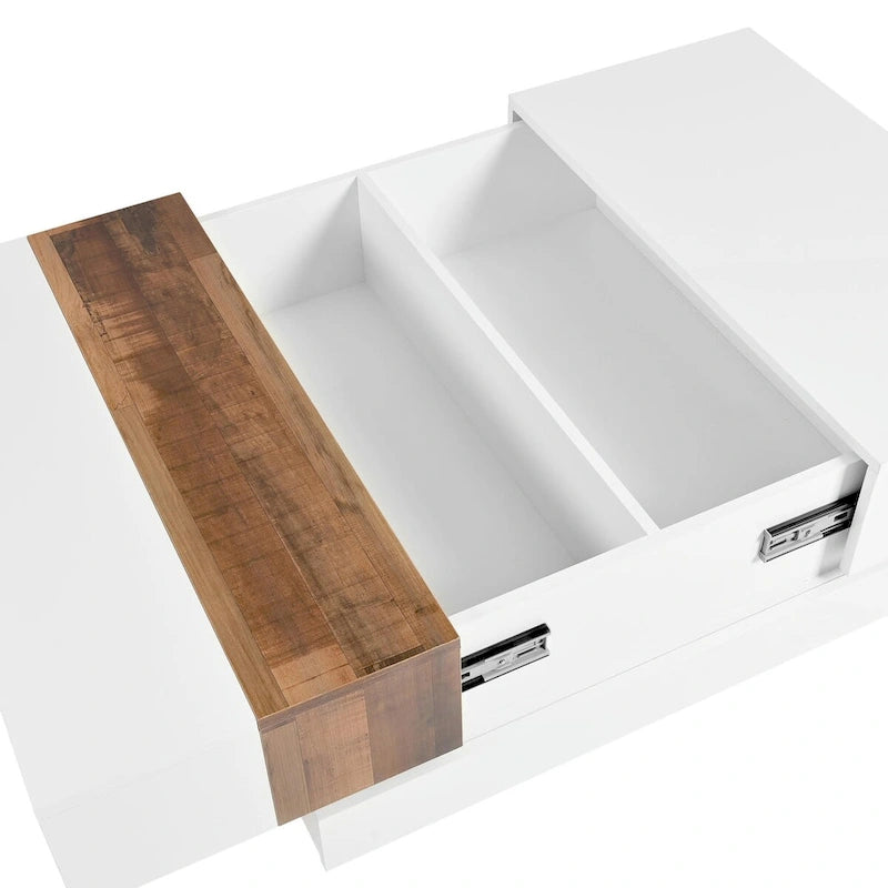 Table basse carrée laquée blanc/noir avec plateau coulissant et rangement dissimulé – 80 cm