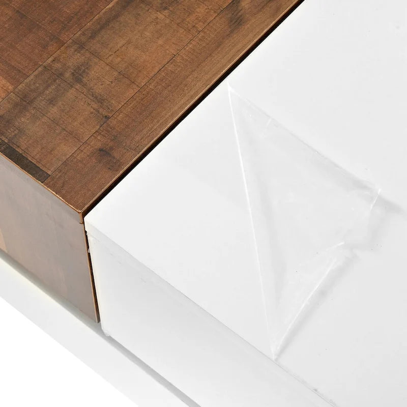 Table basse carrée laquée blanc/noir avec plateau coulissant et rangement dissimulé – 80 cm