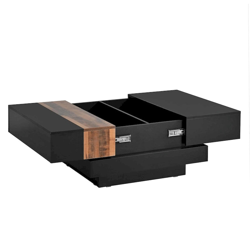 Table basse carrée laquée blanc/noir avec plateau coulissant et rangement dissimulé – 80 cm