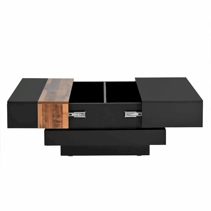 Table basse carrée laquée blanc/noir avec plateau coulissant et rangement dissimulé – 80 cm