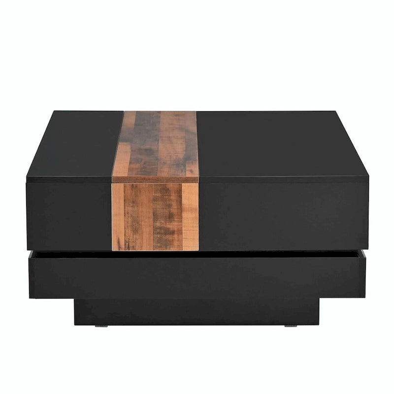 Table basse carrée laquée blanc/noir avec plateau coulissant et rangement dissimulé – 80 cm