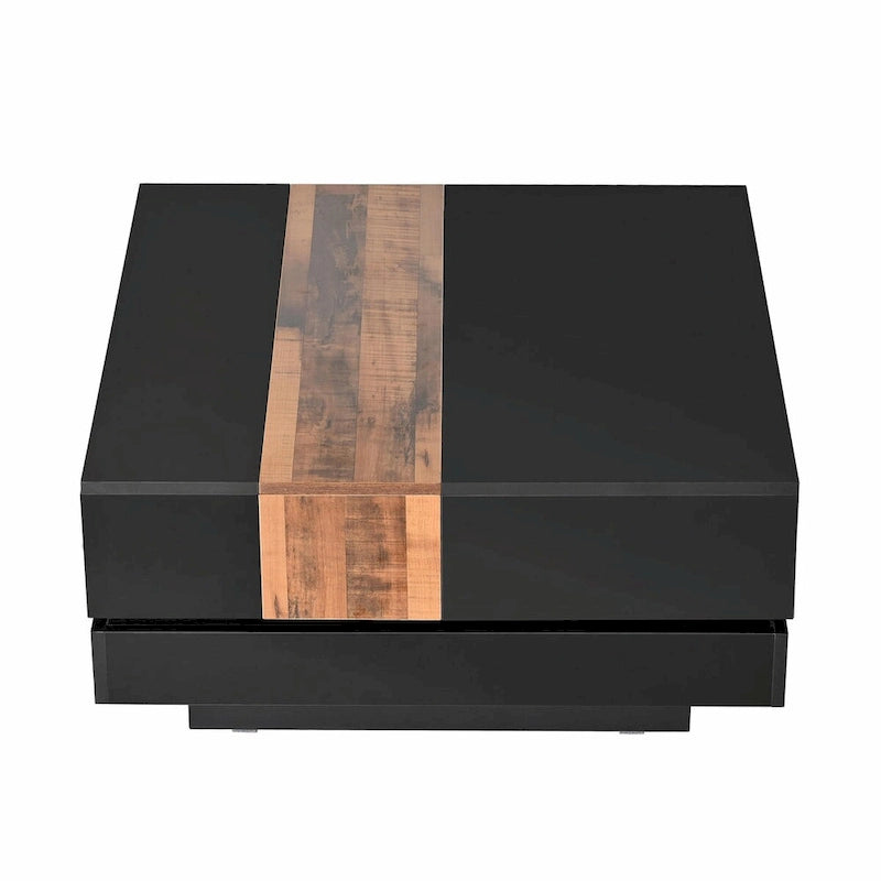 Table basse carrée laquée blanc/noir avec plateau coulissant et rangement dissimulé – 80 cm