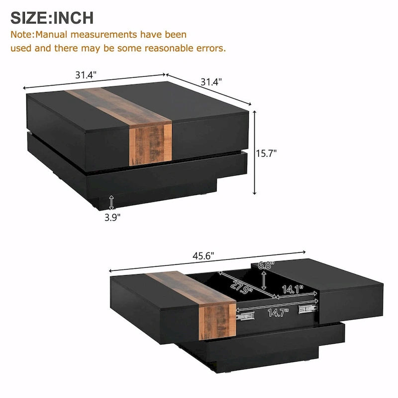 Table basse carrée laquée blanc/noir avec plateau coulissant et rangement dissimulé – 80 cm
