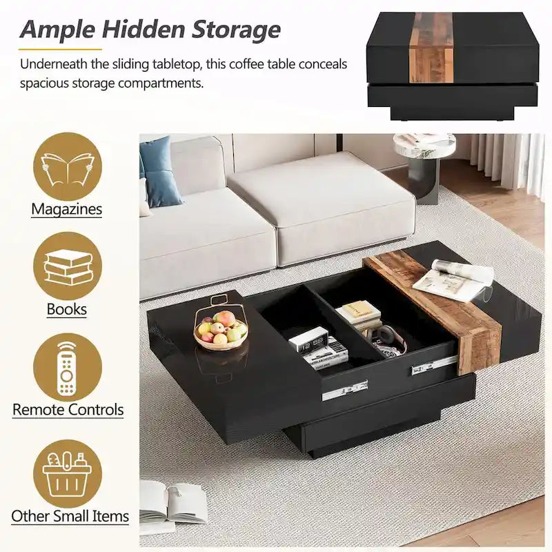 Table basse carrée laquée blanc/noir avec plateau coulissant et rangement dissimulé – 80 cm