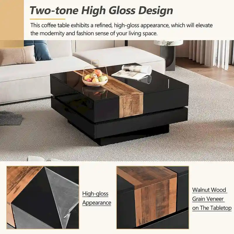 Table basse carrée laquée blanc/noir avec plateau coulissant et rangement dissimulé – 80 cm