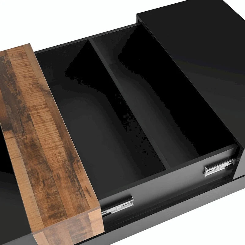 Table basse carrée laquée blanc/noir avec plateau coulissant et rangement dissimulé – 80 cm